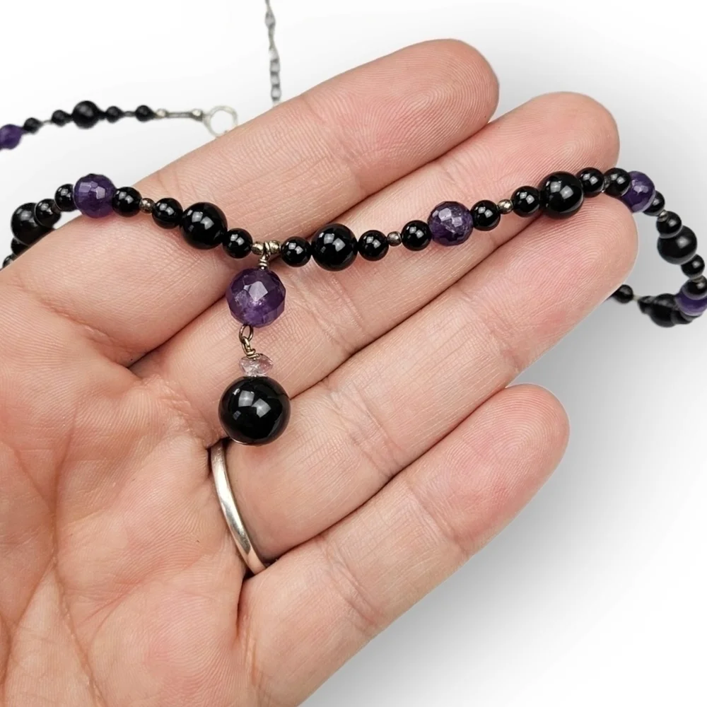 GENUINE Amethyst Beaded Necklace Black Glass Y Pendant 925 Sterling Silver 16.5